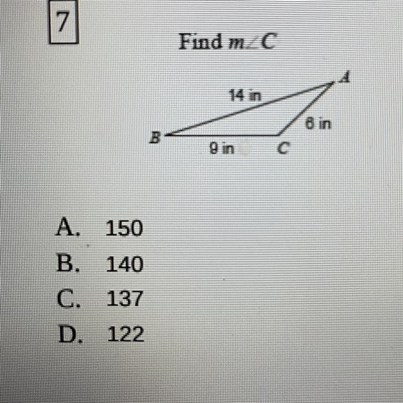 Find m angle C A. 150 B. 140 C. 137 D. 122-example-1