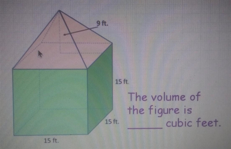 9 ft. 15 ft The volume of the figure is cubic feet. 15 ft. 15 ft​-example-1