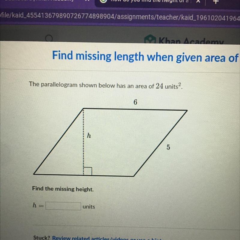 The parallelogram shown below has an area of 24 units find the missing height-example-1