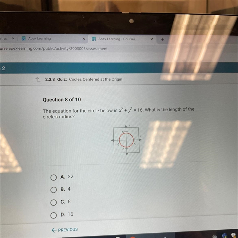 The equation for the circle below is x2 + y2 = 16. What is the length of the circle-example-1