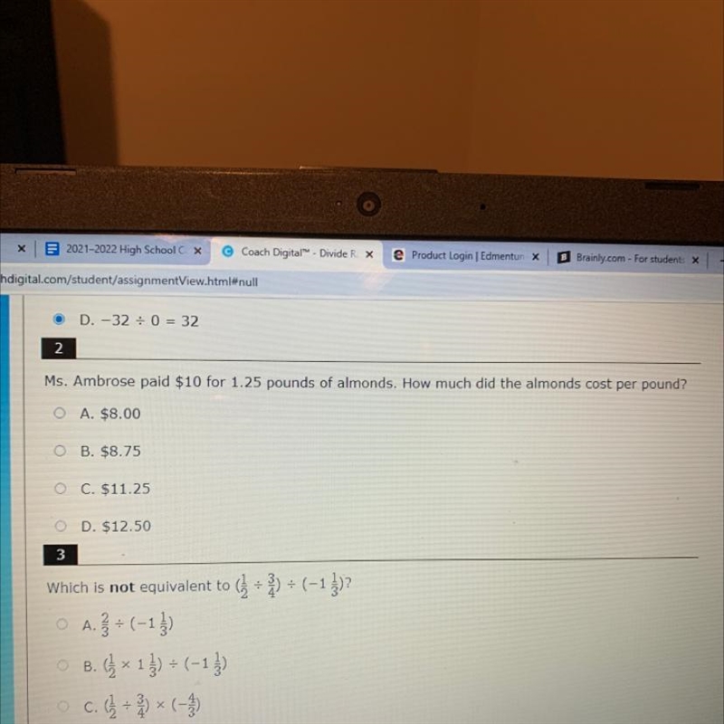 Ms. Ambrose paid $10 for 1.25 pounds of almonds. How much did the almonds cost per-example-1