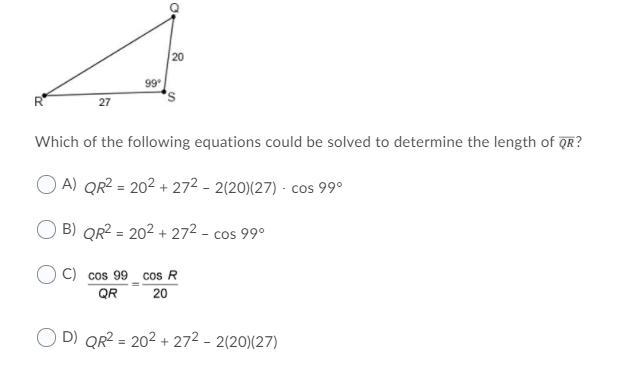 Which of the following equations could be solved to determine the length of QR?-example-1