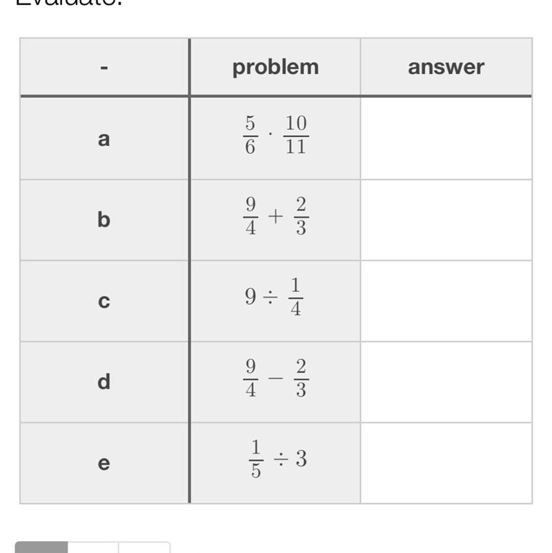 Evaluate Explain A.5/6×10/11= B. 9÷1/4= D. 9/4 -2/3= E. 1/5÷3= Please explain your-example-1