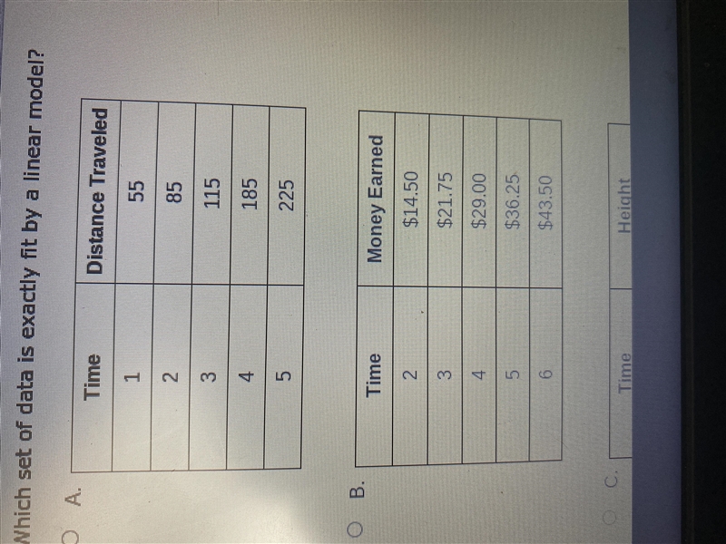 Which set of data is exactly fit by a linear model?-example-1