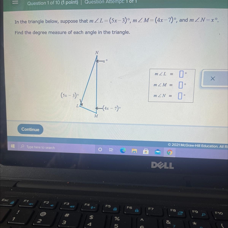 In the triangle below, suppose that m angle L=(5x-3)m angle M=(4x-7)^ , and m angle-example-1