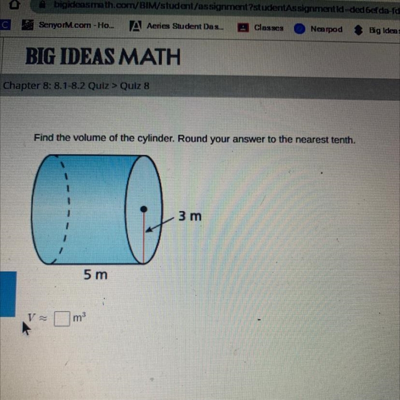 Find the volume of the cylinder. Round your answer to the nearest tenth 3 m 5 m-example-1