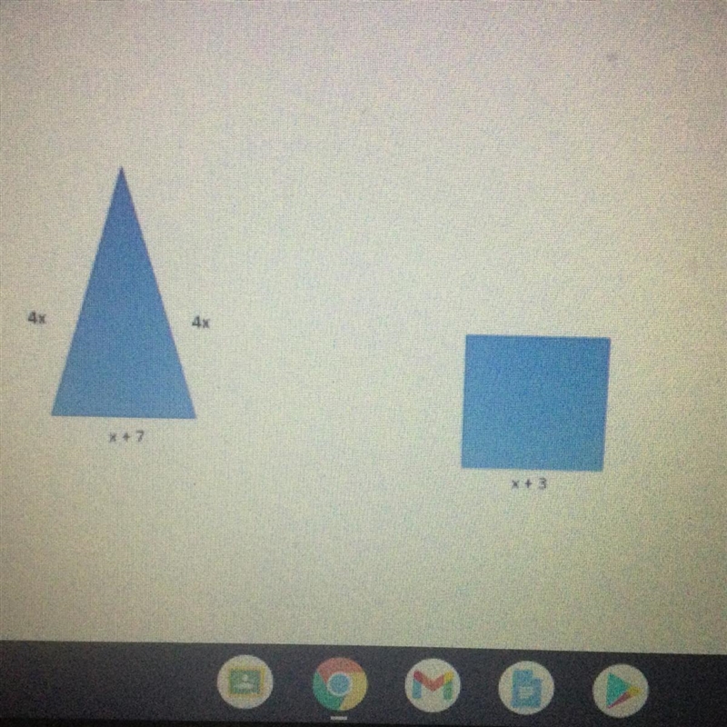 The triangle and square have equal perimeters. What is the perimeter of the triangle-example-1