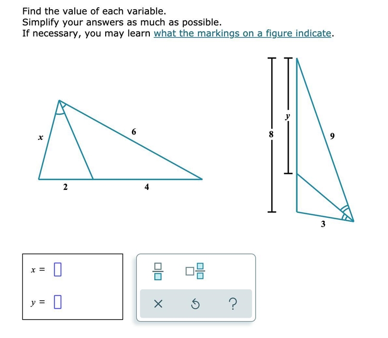 Find the value of each variable. Simplify your answers as much as possible. If necessary-example-1