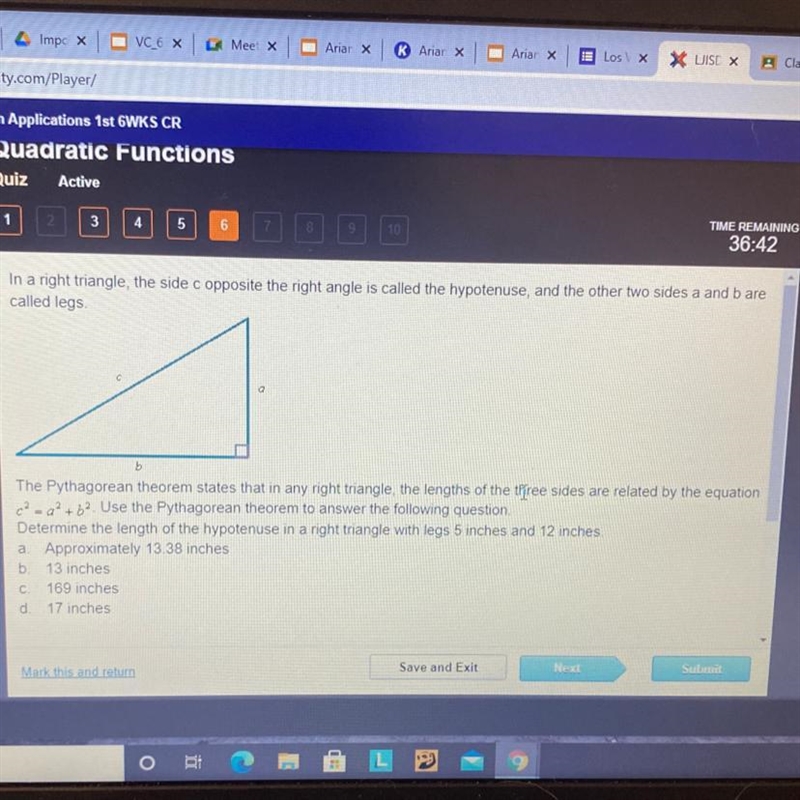 In a right triangle the side c opposite the right angle is called the hypotenuse, and-example-1