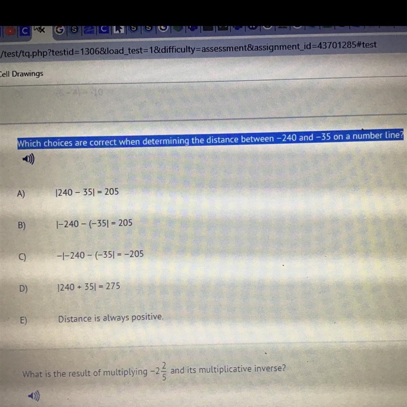 Which choices are correct when determining the distance between -240 and -35 on a-example-1