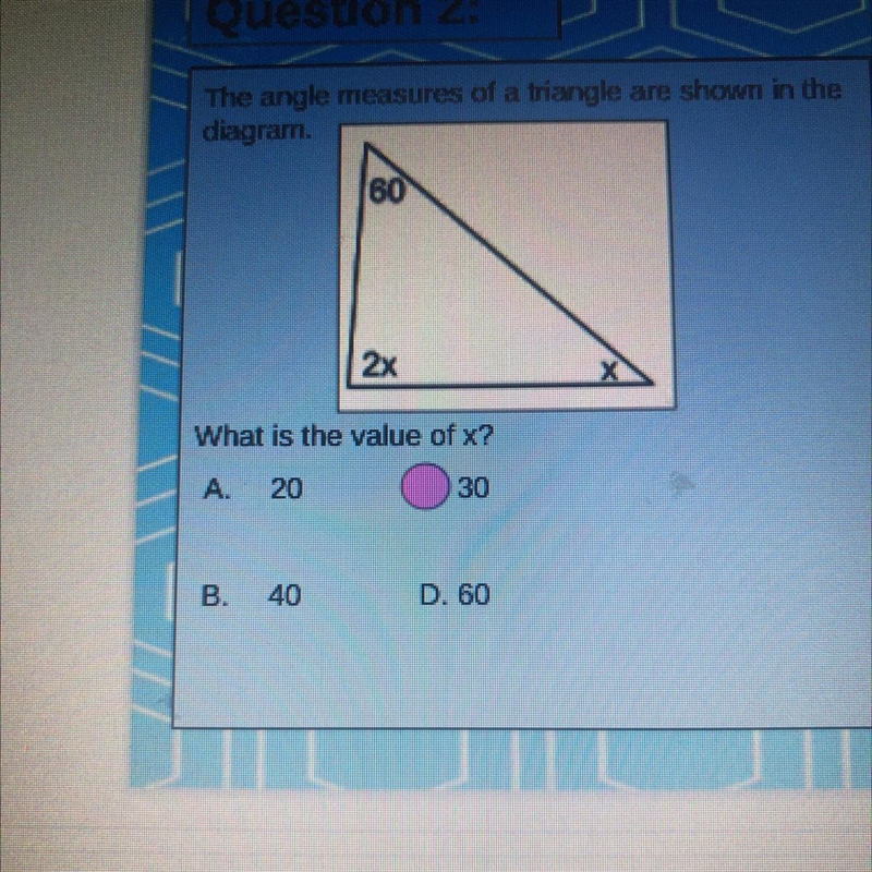 The angle measures of a triangle are shown in the diagram 60 What is the value of-example-1