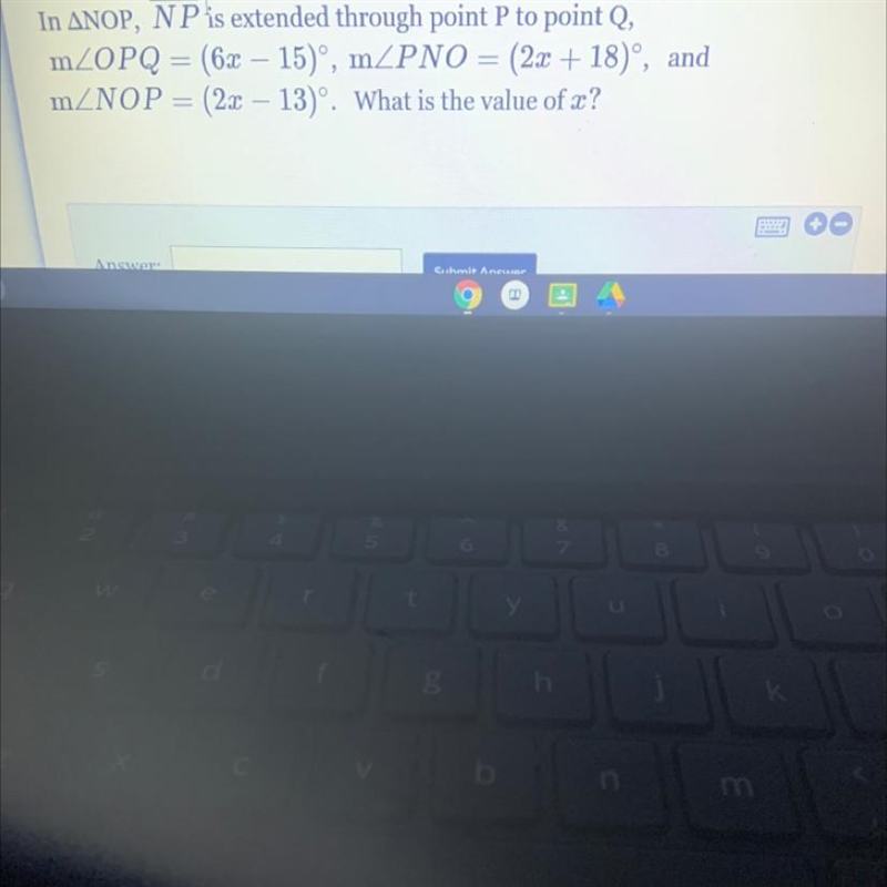 In ANOP, NP is extended through point P to point Q, mZOPQ = (6x – 15)°, mZPNO = (2x-example-1