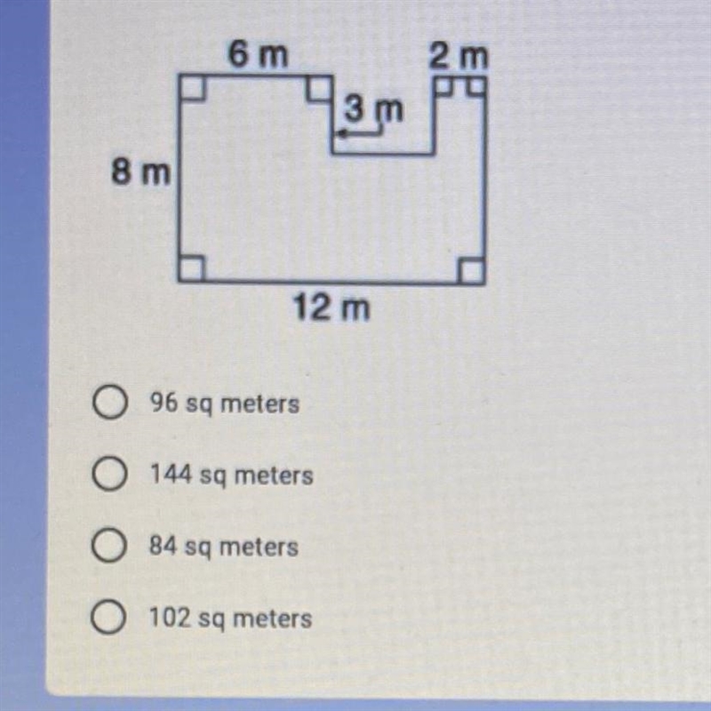 Find the area 96 sq meters 144 sq meters 84 sq meters 102 sq meters-example-1