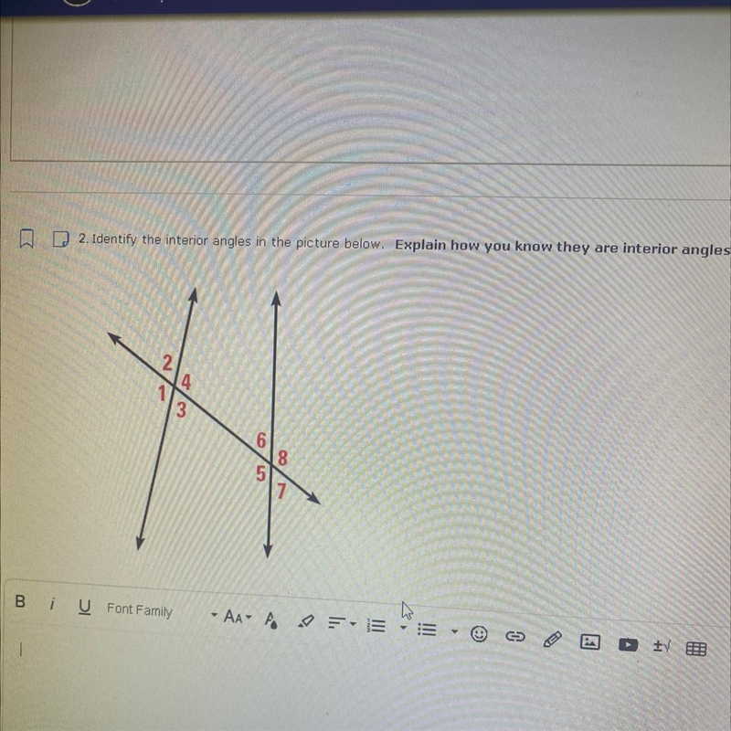 HELP ASAP!!! Identify the interior angles and explain how you know. THANKS!!-example-1