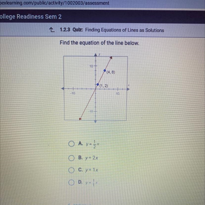 Find the equation of the line below. 10 (4,8) (1/2) H10 10-example-1