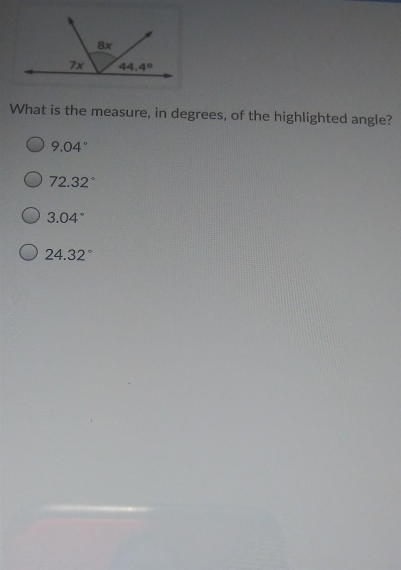 Please help what is the measure in degrees of the highlighted ( the middle one) angle-example-1