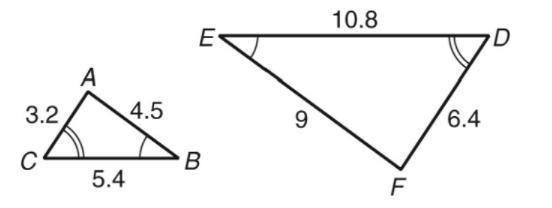 Determine whether ABC and DEF are similar. If so, write the similarity ratio and a-example-1