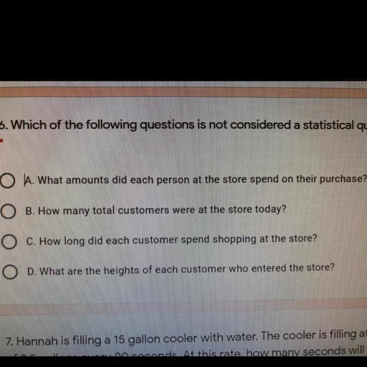 Which of the following question is not considered a statistical question?-example-1