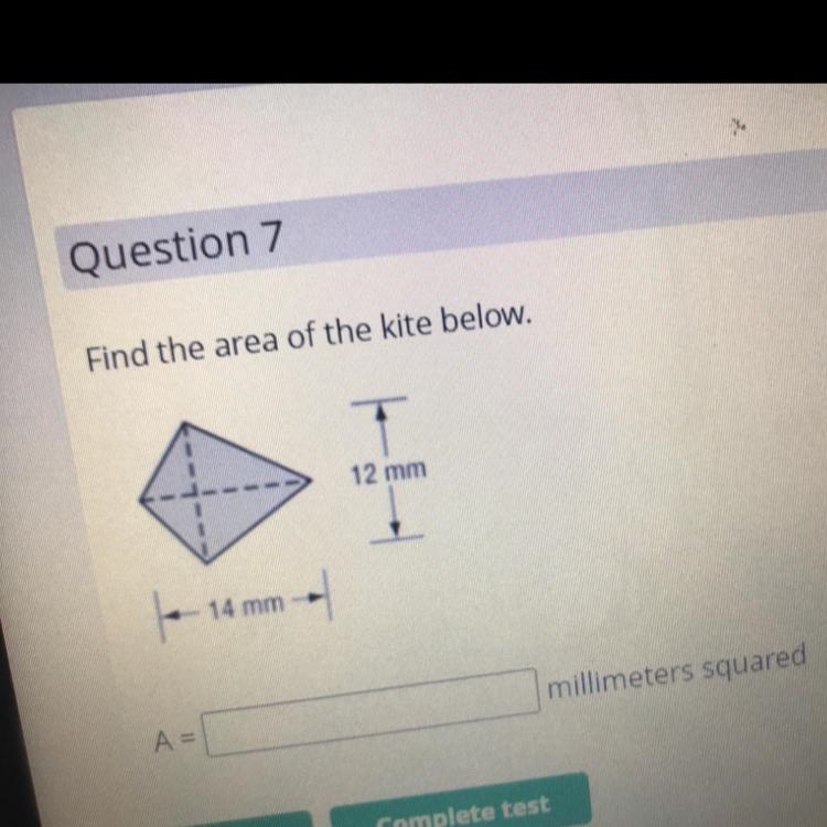 Find the area of the kite below. T 12 mm 14 mm A = millimeters squared-example-1