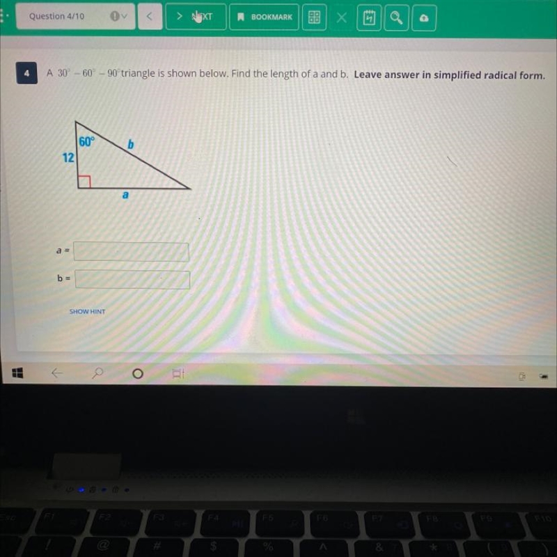 A 30°- 60°- 90° triangle is shown below. Find the length of a and b. * leave the answer-example-1