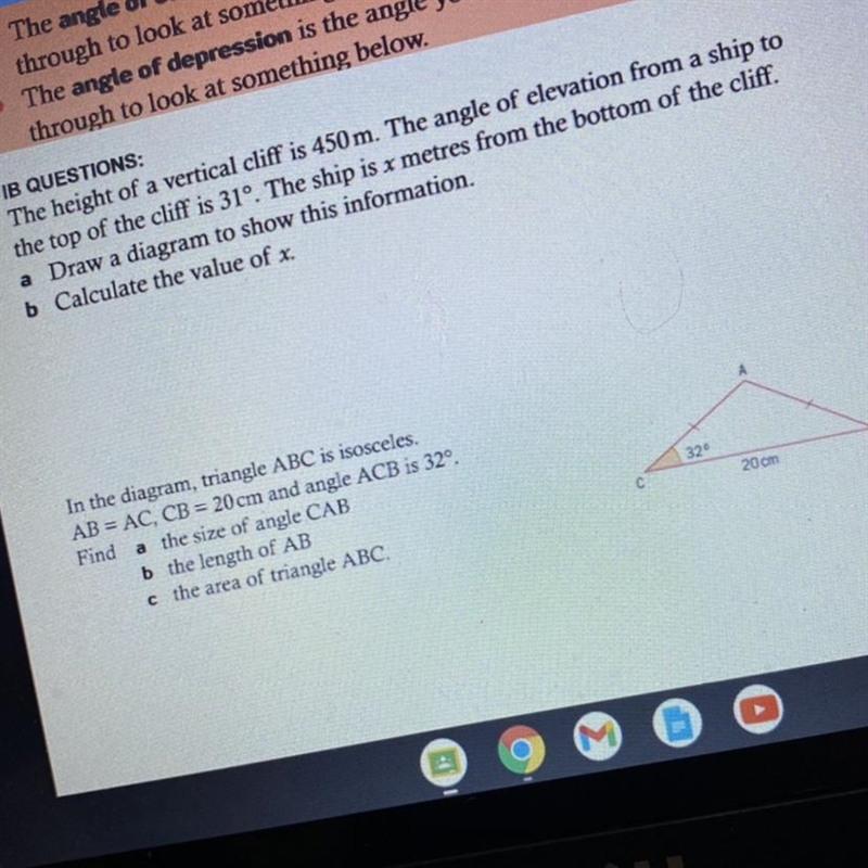 IB QUESTIONS: The height of a vertical cliff is 450 m. The angle of elevation from-example-1