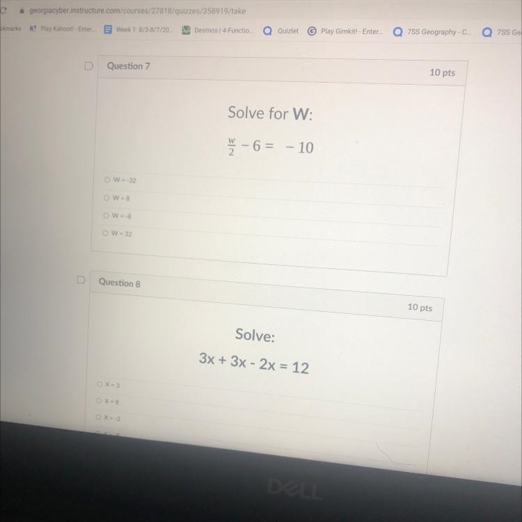 Question: w/2 - 6 = -10 Question: 3x + 3x -2x =12-example-1