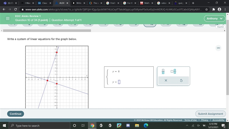 Write a system of linear equations for the graph below.-example-1