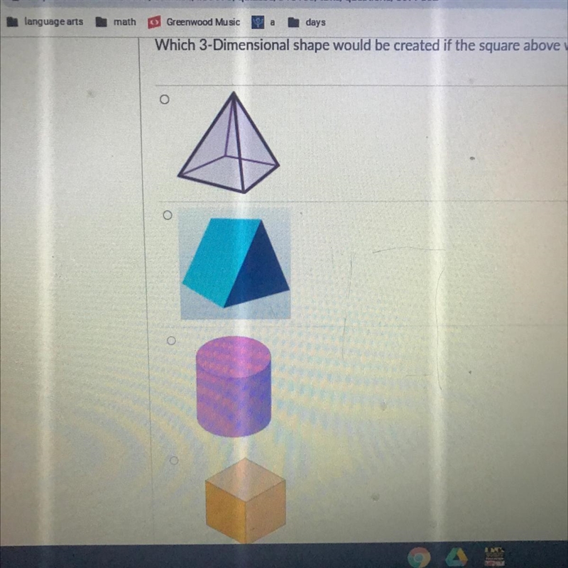 Which 3 Dimensional shape would be created if the square above was rotated about it-example-1