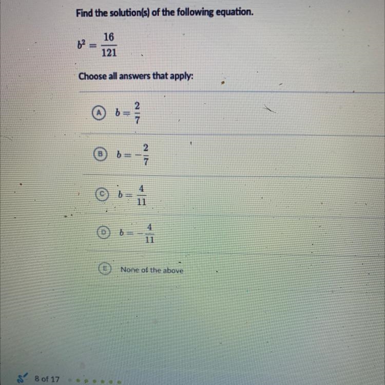 Find the solution(s) of the following equation. 16 ba 121 Lesson 3: numbers Choose-example-1