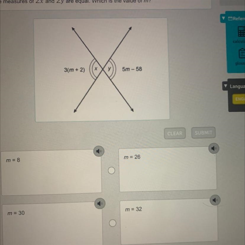 The measures of Zx and Zy are equal. Which is the value of m? 3(m + 2) 5m - 58-example-1