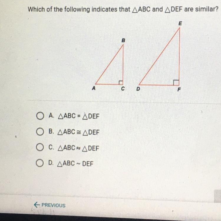 Which of the following indicates that Triangle ABC and Triangle DEF are similar?-example-1