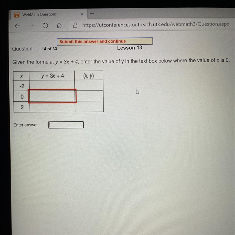 Given the formula, y = 3x + 4, enter the value of y in the text box below where the-example-1