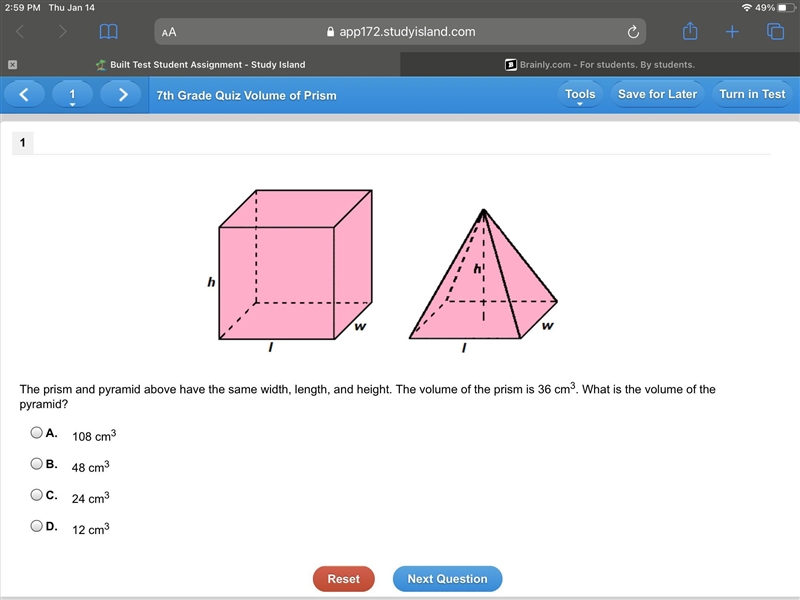 The prism and pyramid above have the same width, length, and height. The volume of-example-1