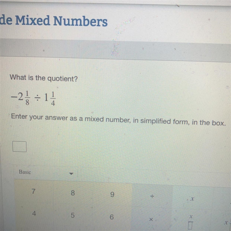 What is the quotient? -2 1/8 divided by 1 1/4 Enter your answer as a mixed number-example-1