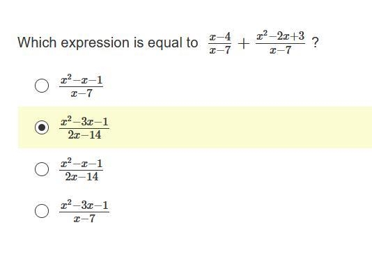 Which expression is equal to x−4x−7+x2−2x+3x−7 ?-example-1