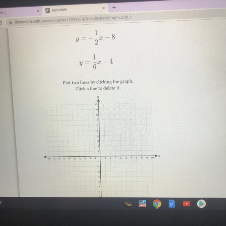 Y= -2 x-8 y= 6x - 4 plot the two lines by clicking the graph-example-1