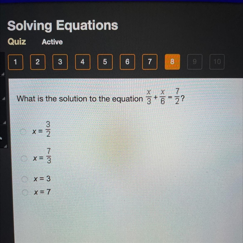 Х What is the solution to the equation 3+ 6 + 2? 3 X = 2 7 X = 3 x= 3 x = 7 Please-example-1