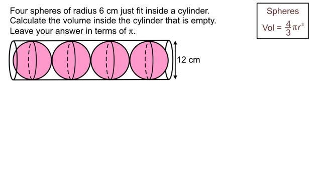 Four spheres of radius 6cm just fit inside a cylinder. Calculate the volume inside-example-1