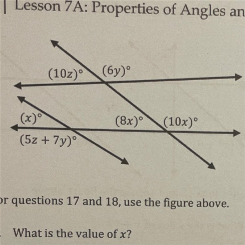 17. what is the value of x? 18. what is the value of z? please help me fast!!-example-1