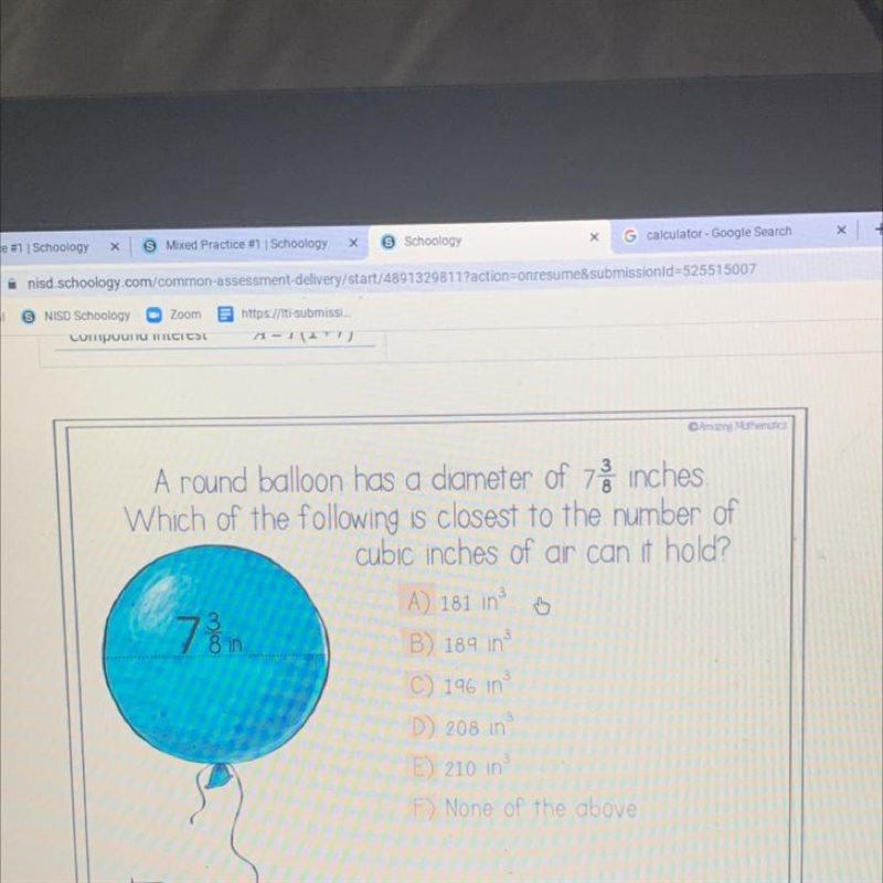 A round balloon has a diameter of 7 inches Which of the following is closest to the-example-1