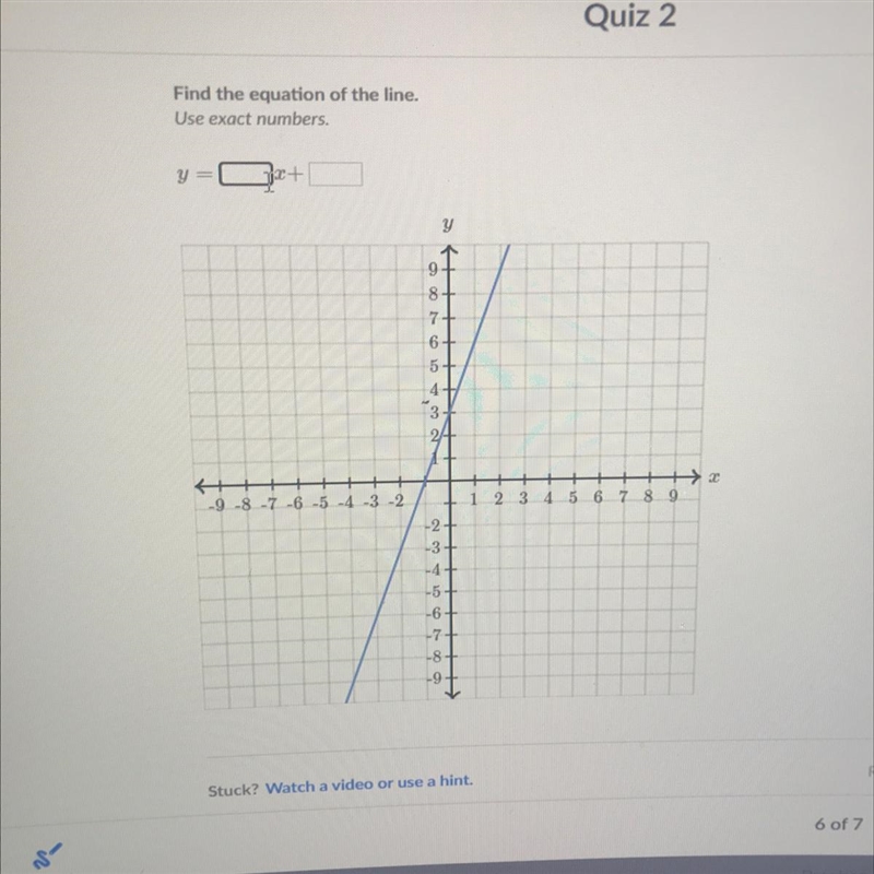 Find the equation of the line. Use exact numbers. 100+ y 8+ 7+ 6+ 9 8 7 6 5 4 3 2 2 3 4 5 6 7 8 9 -3 -4 -5 -6+ -7 -8-example-1