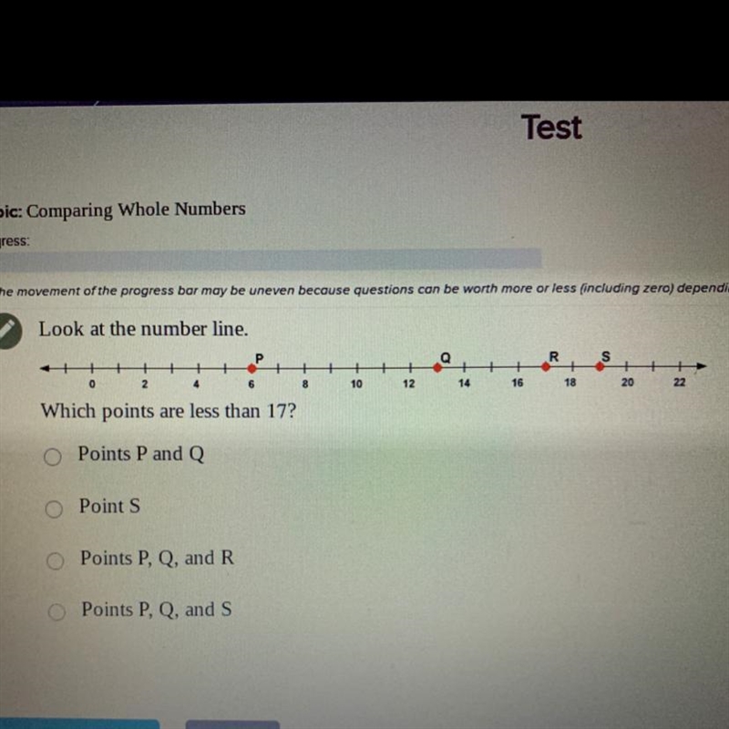 Which points are less than 17? Points P and Q Point S Points P, Q, and R Points P-example-1