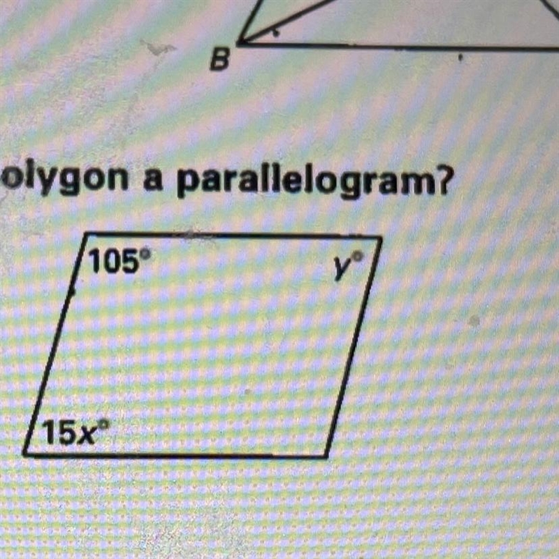 What value of x and y will make the polygon a parallelogram 105° V 15x-example-1