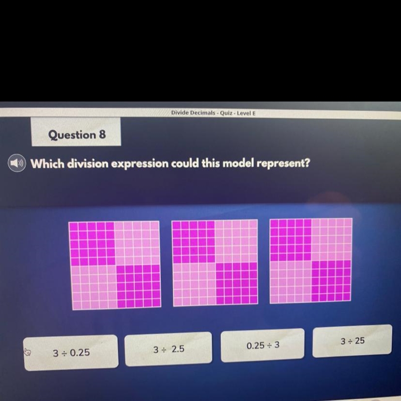 Which division expression could this model represent? 3 ÷ 0.25 3 ÷ 2.5 0.25÷3 3 ÷ 25-example-1