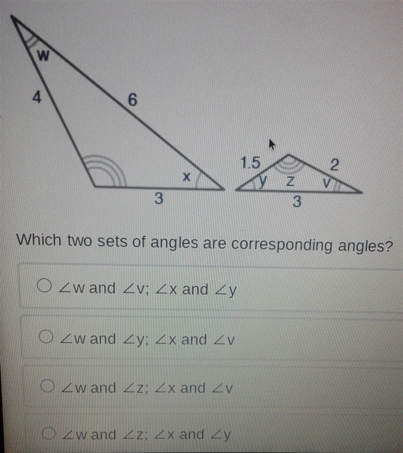 Two similar triangles are shown below: Which two sets of angles are corresponding-example-1