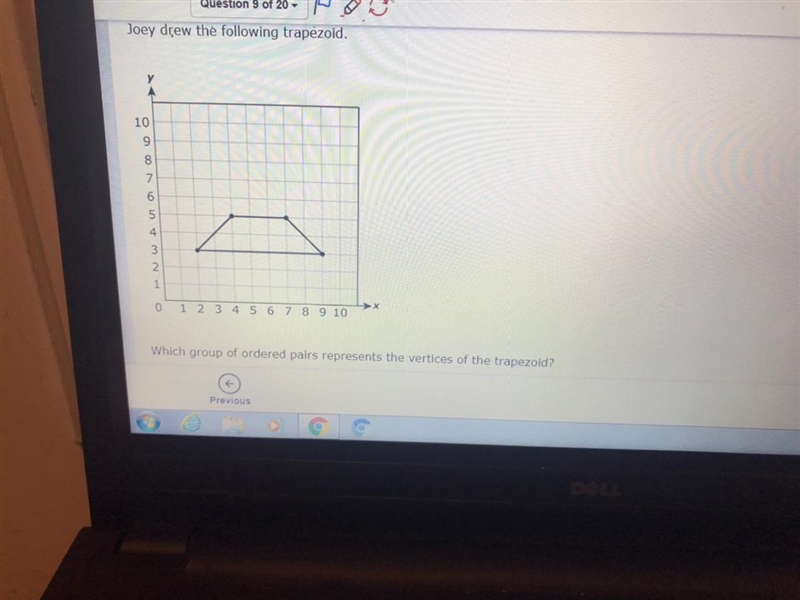 Joey drew the following trapezoid. Which group of ordered pairs represent the vertices-example-1