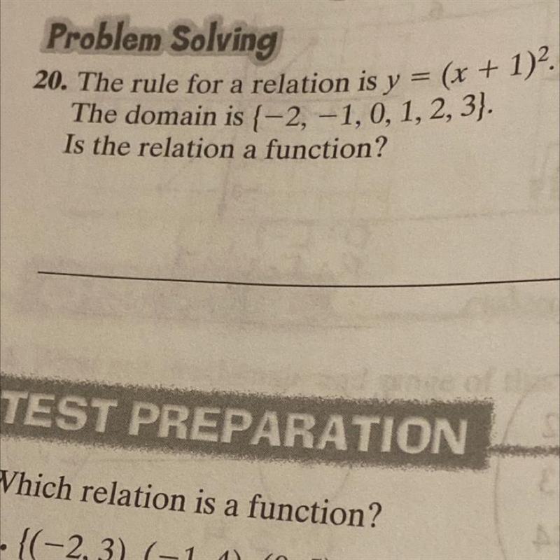 URGENT The rule for a relation is y = (x + 1)^2 The domain is {-2, -1, 0, 1, 2, 3}. Is-example-1