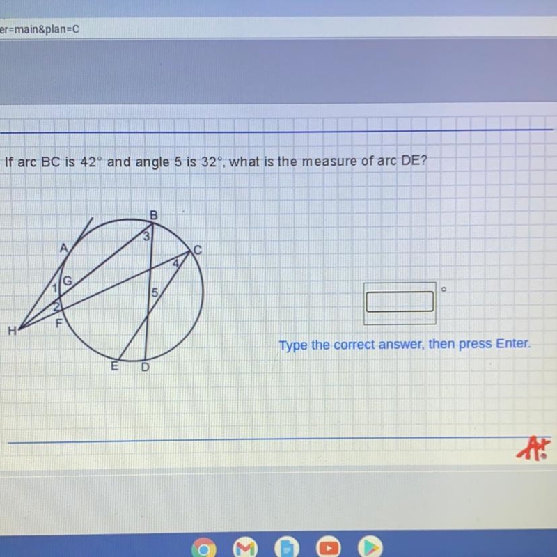 If arc BC is 42° and angle 5 is 32°, what is the measure of arc DE?-example-1