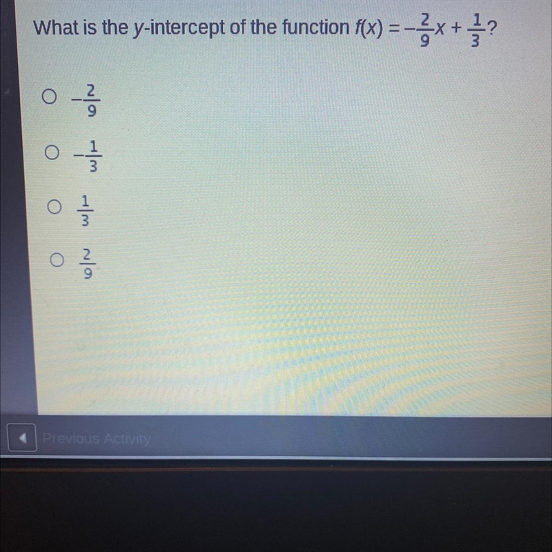 What is the y intercept of the function f (x) = -2/9x + 1/3 ?? Please help ! :0 :)-example-1