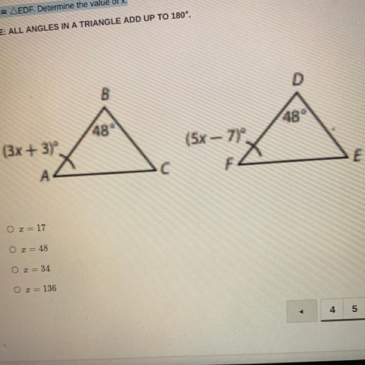 ABC = EDF. Determine the value of x.-example-1